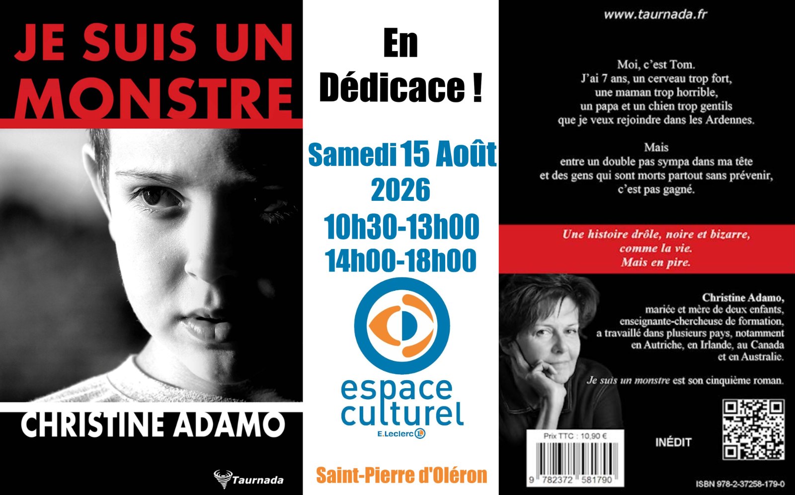 Dédicace de Christine Adamo "Je suis un monstre" 15 août 2026 Espace Culturel Leclerc Saint Pierre d'Oléron